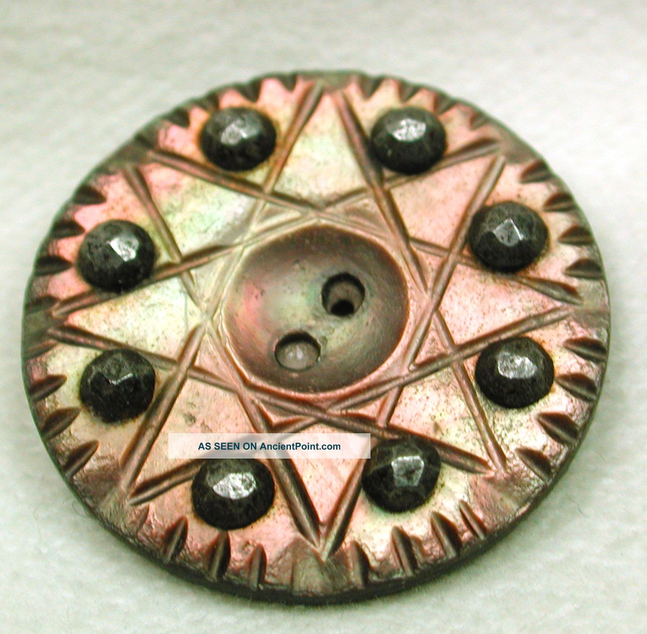 Antique Iridescent Shell Button Carved Star Design W/ Cut Steel Accents Buttons photo