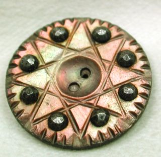 Antique Iridescent Shell Button Carved Star Design W/ Cut Steel Accents photo