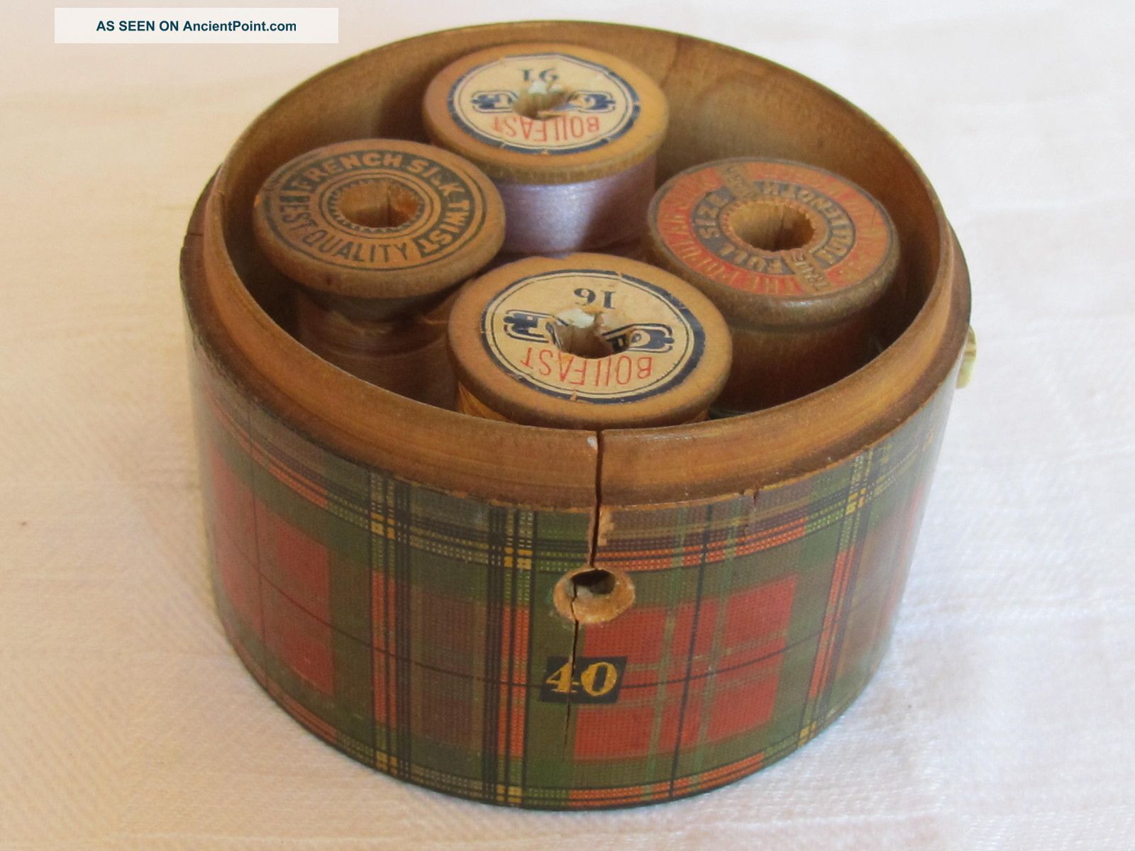 Antique 4 Spool Thread Container Holder Round Wood Box Dispenser Plaid Baskets & Boxes photo
