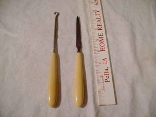 Old Set Of Bakelite Iv0ry Handle Shoe Button Hook And Matching Nail File photo