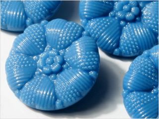 (6) 18 Mm Antique Vintage Czech Blue Heart Flower Glass Buttons 20´s photo