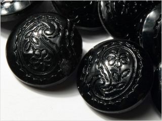 (24) 18 Mm Antique Vintage Deco Czech Black Flower Glass Buttons 20´s Fancy photo