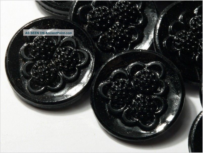 (24) 18 Mm Antique Vintage Deco Czech Black Flower Glass Buttons 20´s Fancy Buttons photo