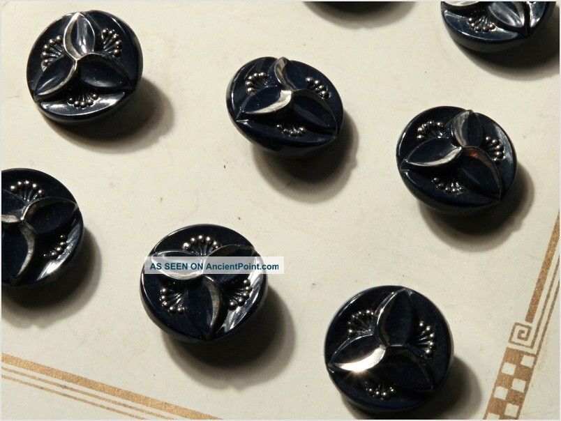 Card (24) 14 Mm 20´s Vintage Czech Art Deco D Blue Flower Glass Buttons Silvered Buttons photo