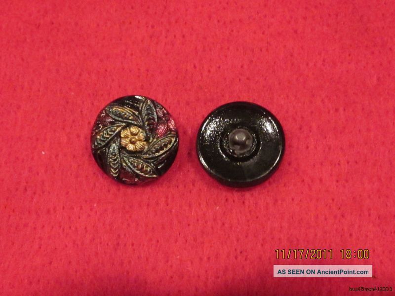 6 - Antique 1920 ' S Hand Painted Czech Floral Pinwheel - Black Button 23 - 23/32 