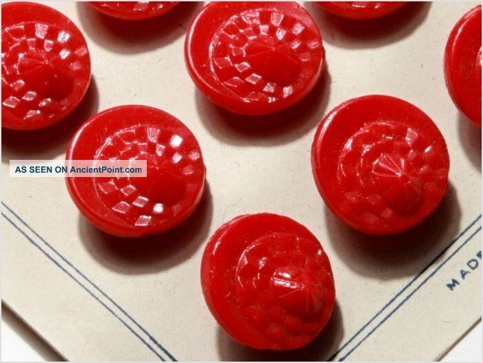 Card (24) 14 Mm Antique Vintage Czech Red Art Deco Glass Buttons 20´s Buttons photo