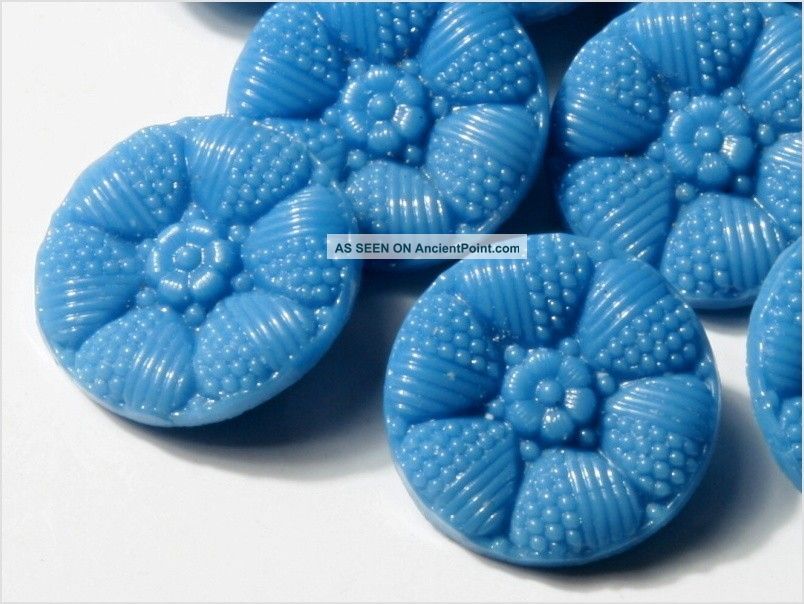 (12) 13 Mm Antique Vintage Czech Blue Heart Flower Glass Buttons 20´s Buttons photo