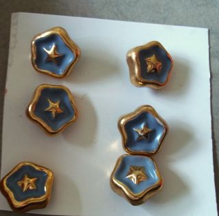 Card Of Six Vintage Sewing Buttons,  Star Shaped Gold Metal With Blue Enamel photo