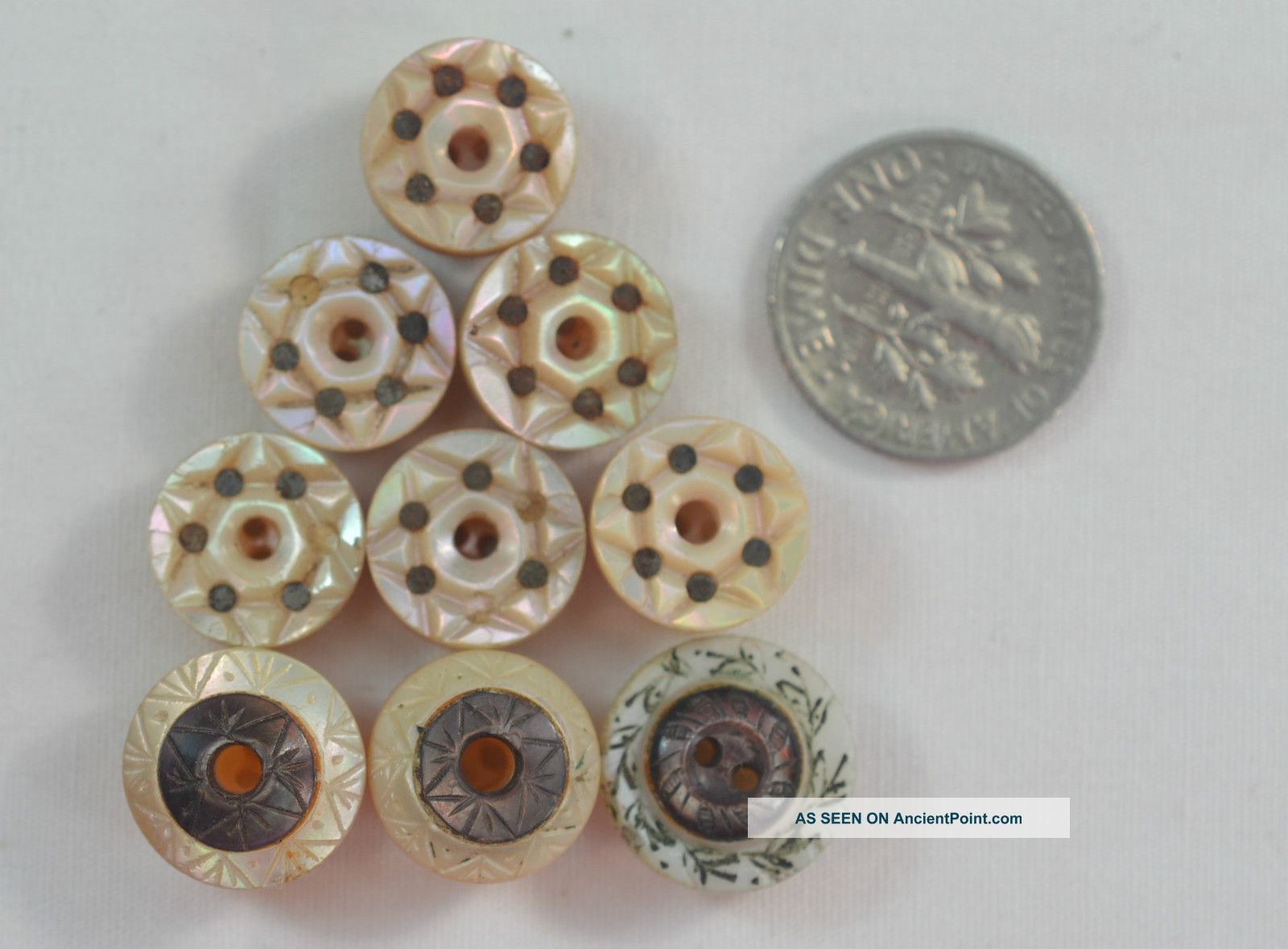 9 Antique Buttons Carved & Inlay Abalone Shell With Metal Studs & Stars 13 Buttons photo