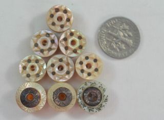 9 Antique Buttons Carved & Inlay Abalone Shell With Metal Studs & Stars 13 photo
