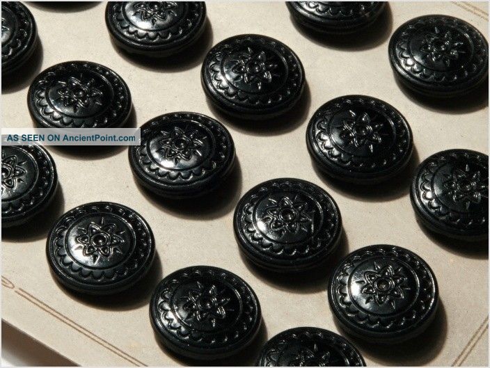 Card (24) Antique Vtg Czech Black Floral Glass Buttons 20´s 18 Mm Buttons photo