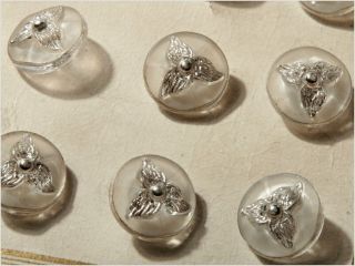 Card (24) 13 Mm 20´s Vintage Czech Art Deco Frost Flower Glass Buttons photo