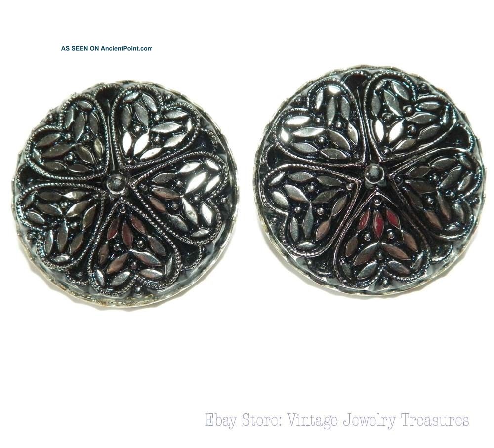 Vintage Antique Black & Silver Czech Glass Clip Earrings Buttons photo