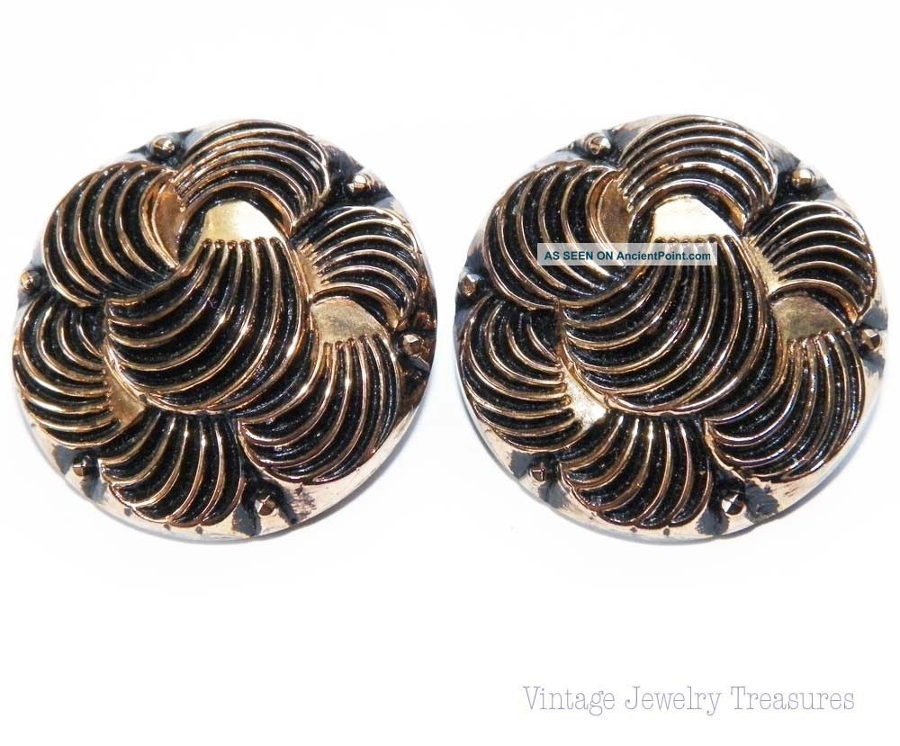 Vintage Antique Black & Gold Swirl Czech Glass Clip Earrings Buttons photo