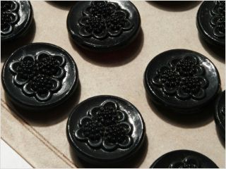 Card (24) Antique Vtg Czech Black Floral Bouquet Glass Buttons 20´s 18 Mm photo