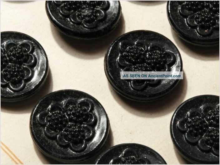 Card (24) 19 Mm 20´s Antique Vtg Czech Black Floral Bouquet Glass Buttons Buttons photo