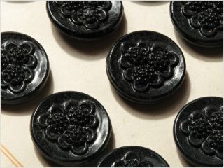 Card (24) 19 Mm 20´s Antique Vtg Czech Black Floral Bouquet Glass Buttons photo