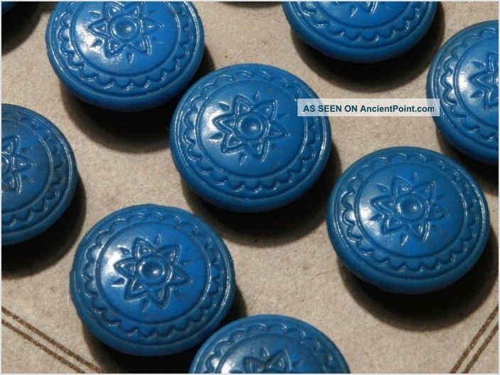 Card (24) Antique Vtg Czech Blue Floral Glass Buttons 20´s 14 Mm Buttons photo