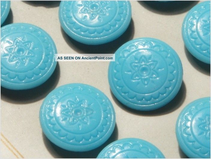 Card (24) Antique Vtg Czech Baby Blue Floral Glass Buttons 20´s 18 Mm Buttons photo