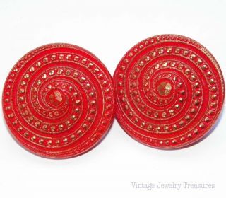 Vintage Antique Red & Gold Swirl Czech Glass Clip Earrings photo