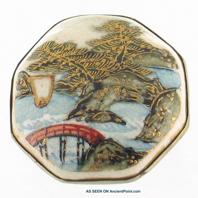 Antique Menji Japanese Satsuma Porcelain Sterling Vermeil Button Pin Rare Buttons photo