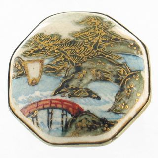 Antique Menji Japanese Satsuma Porcelain Sterling Vermeil Button Pin Rare photo