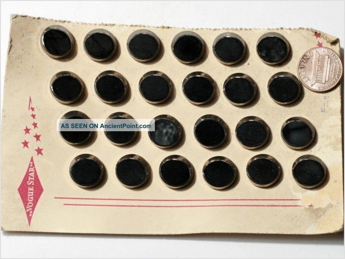 Card (24) Antique Vtg Czech Art Deco Black Silver Glass Buttons 30´s 14 Mm Buttons photo