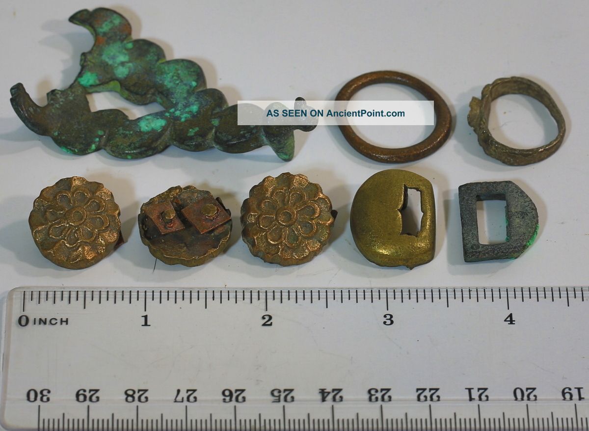 Rare Antique 9 - 11th Century Solid Brass Bronze Buttons & Rings Treasure Asia Buttons photo