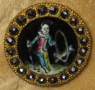 Antique French Figural Enamel Button Cat Jumping Through A Hoop At The Circus photo