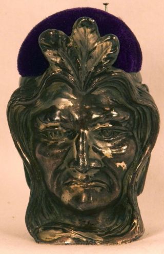 Scarce Vintage Indian Chief Head Metal Pin Cushion Pincushion A Beauty photo