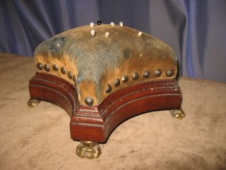 Antique Orig Victorian Sewing Pin Cushion Brass Claw Foot Rest Solid Mahogany photo