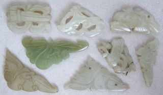 8 Assorted Antique Chinese Celadon Green Or White Jade Hand Carved Appliques photo