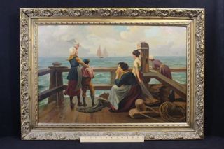 Antique Joseph Tomanek Genre Oil Painting Mother,  Children & Sailor Nr photo