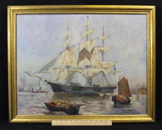 Antique Early - 20thc O/c Oil Painting,  3 - Mast Ship Harbor Maritime Seascape photo