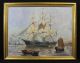 Antique Early - 20thc O/c Oil Painting,  3 - Mast Ship Harbor Maritime Seascape Other photo 1