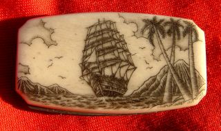 Nautical,  Scrimshaw,  Art,  Tall Ship,  Palm Trees,  Folding Knife,  File,  Money Clip photo