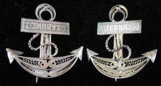 2 Great Vintage Antique 925 Sterling Silver Wire Anchor Brooches With Names photo