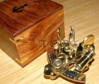 Brass Nautical Sextant W/wooden Box Marine Collectible Sextant W/box Prop Gift photo