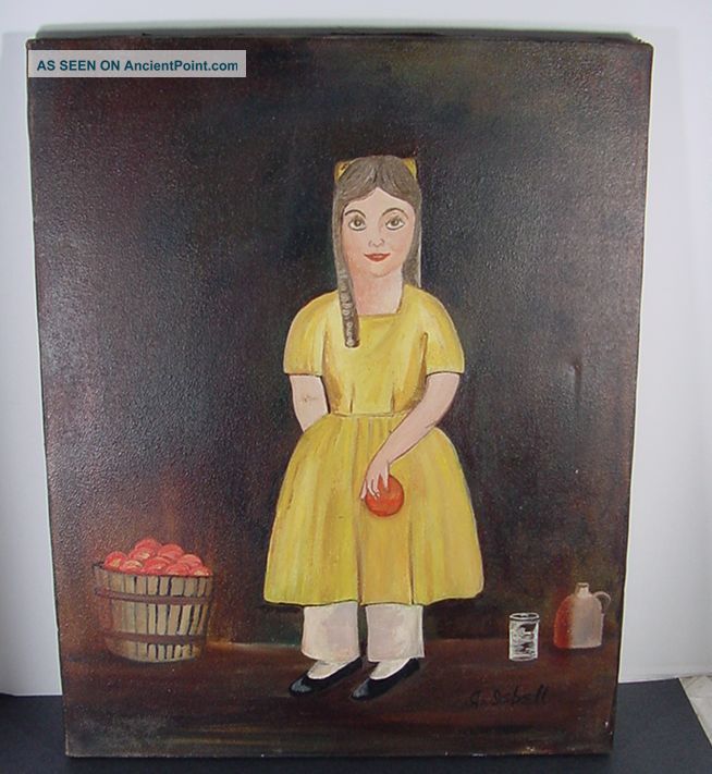 Signed American Primitive Child Basket Of Apples Portrait Painting By Isbell 1 Portholes photo