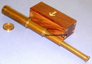 Antique Brass Retractable Telescope With Wooden Box Collectible Nautical Prop photo