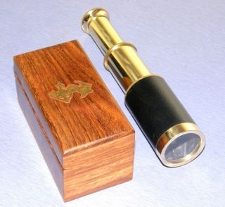 Brass Spy Glass Nautical Telescope W/wooden Box Marine Collectible Prop Gift photo