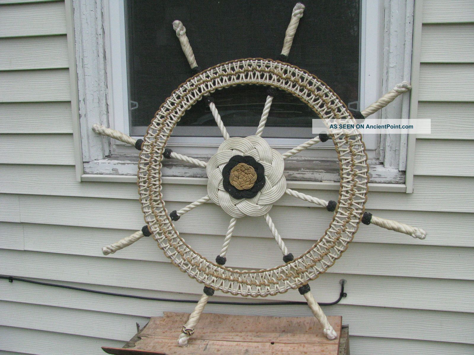 Vintage Large Folk Art Ships Wheel Made From Rope And Knots Trench Art Nautical Wheels photo