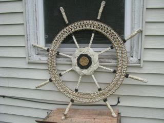Vintage Large Folk Art Ships Wheel Made From Rope And Knots Trench Art Nautical photo