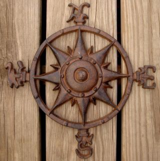 Nautical Rustic Iron Directional Compass W Fleur De Lis photo