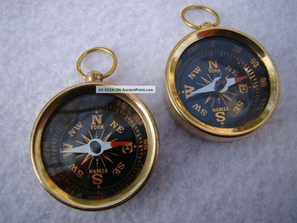 (2) Brass Pocket Compass Nautical Camping Hiking Compasses photo