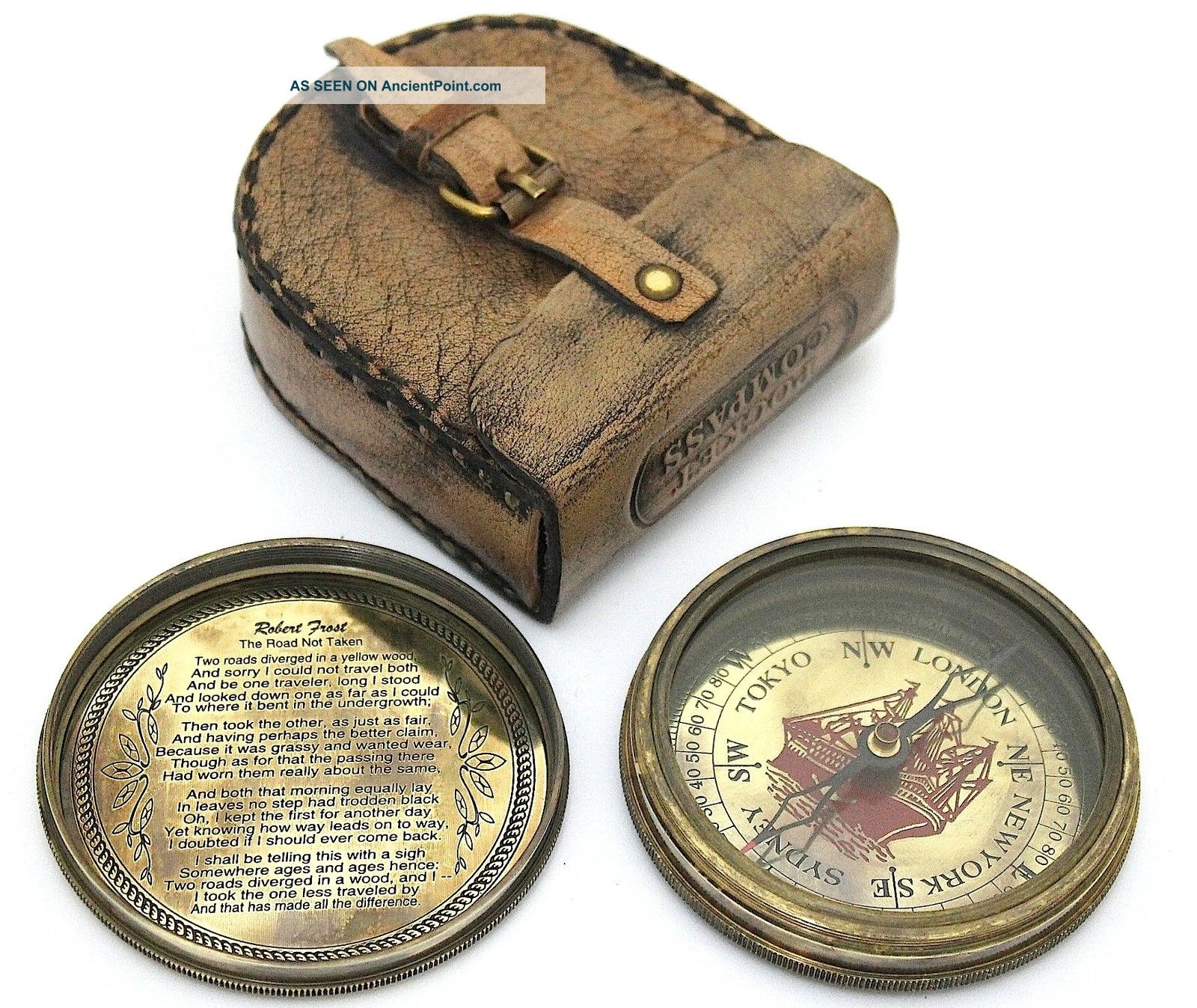 Robert Frost Poem Compass - Pocket Compass With Leather Case Compasses photo