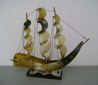 Sailing Ship Ox Horn Vintage Wood Base Metal Wave Spanish Galleon Carved Boat photo