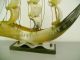 Sailing Ship Ox Horn Vintage Wood Base Metal Wave Spanish Galleon Carved Boat Model Ships photo 1