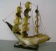 Sailing Ship Ox Horn Vintage Wood Base Metal Wave Spanish Galleon Carved Boat Model Ships photo 3