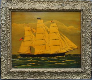20th C.  Primitive Oil On Board - Full Sail Ship With American Flag - Unsigned photo